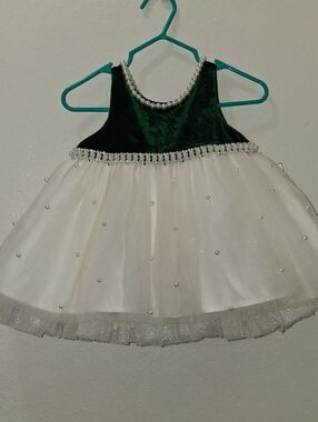 Couture Princess Baby Pearl-Trim Green Velvet and Creme Tulle Dress
